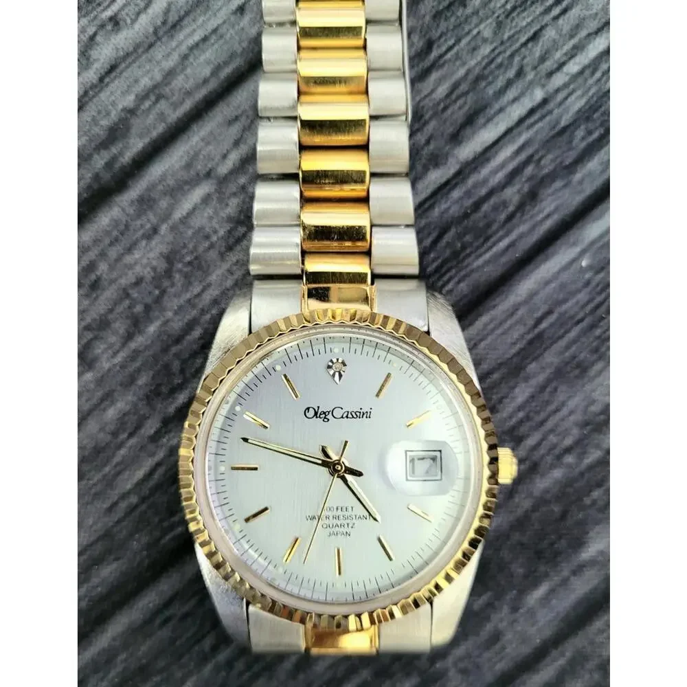 Rare‎ Vintage Oleg Cassini Mens Diamond Watch W Box Papers